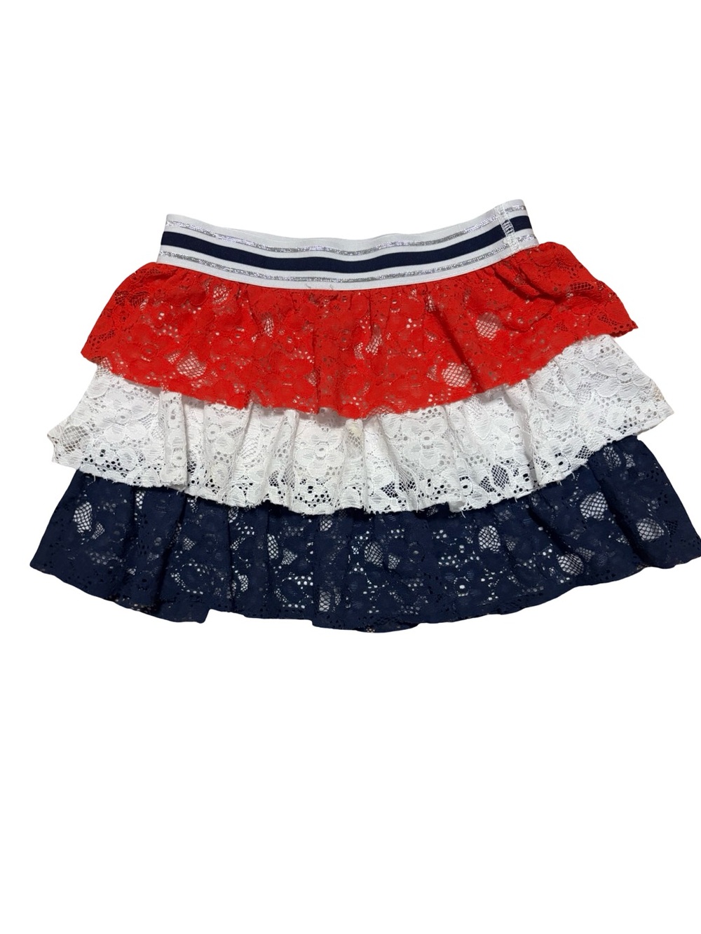 Girls Patriotic Red White & Navy Lace Tiered Casual Ruffled Skirt Size 7-8